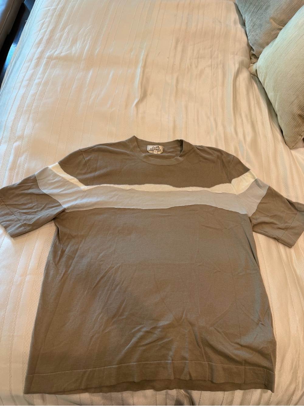 Hermes Men's Short-Sleeve Crewneck Shirt in Olive with White Stripe Size XXL
